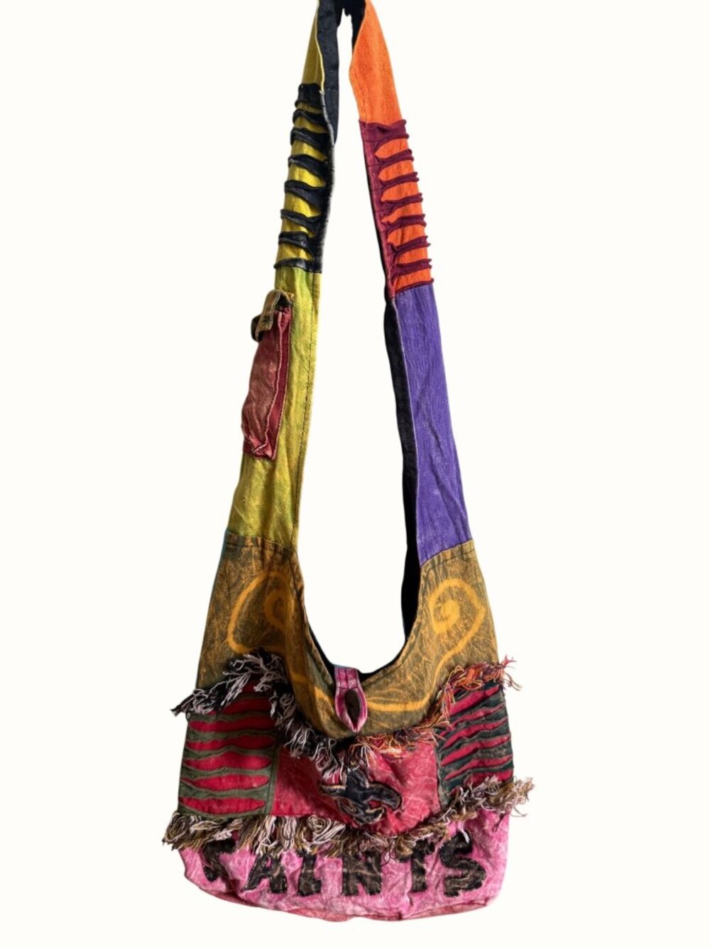 Patchwork Boho Shoulder Bag Fringe New Orleans Saints Multi Pocket Interior